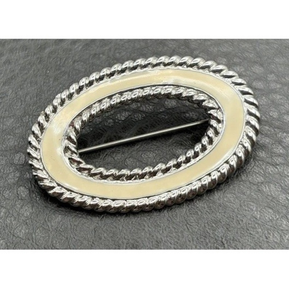 Monet Cream Oval Brooch Silver Tone Rope Trim Vintage Pin